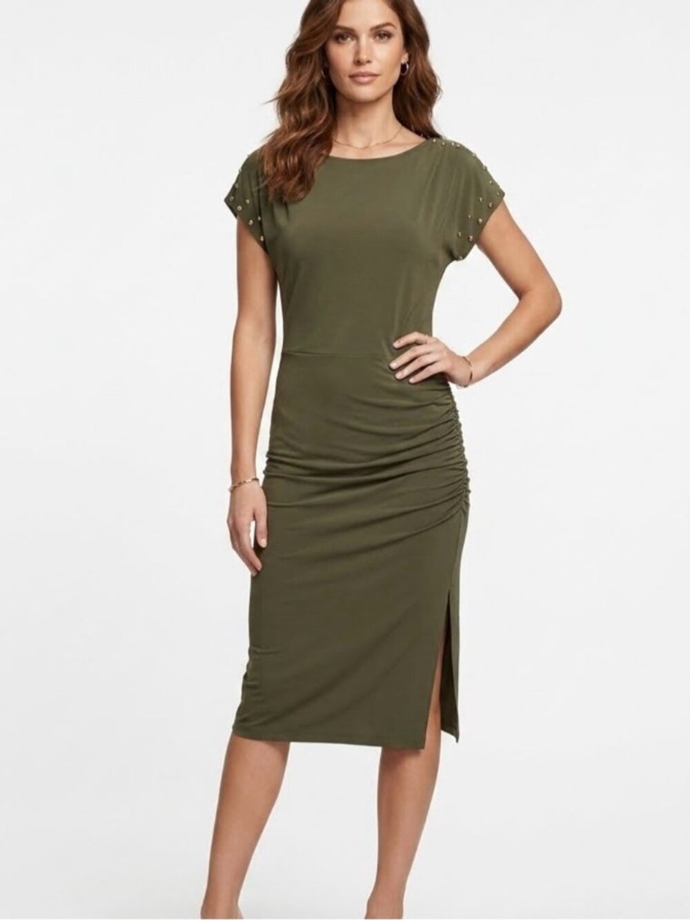 Michael Kors Olive Green Ruched-Side Midi Dress w/Studded Sleeves chic stretch